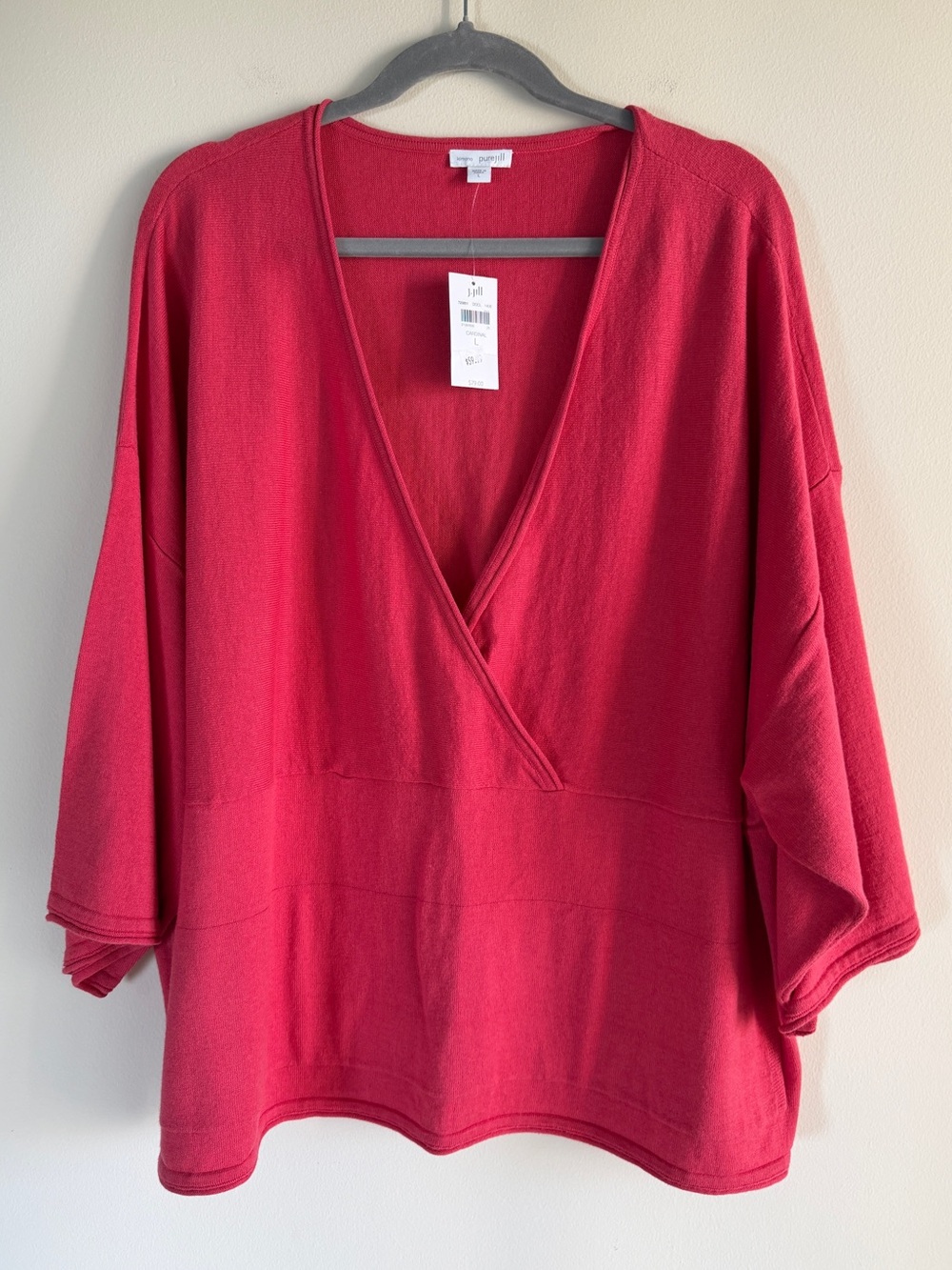 NWT J.Jill Pure Jill Cotton Cashmere Blend Surplice Dolman Sweater Red L